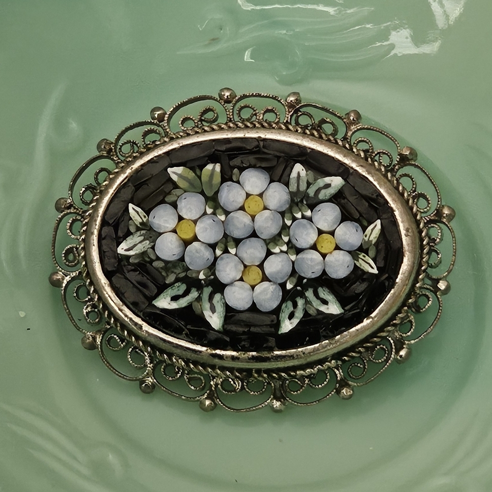 VTG Italian Micro Mosaic Floral Brooch Forget Me Not Design- Made in Italy